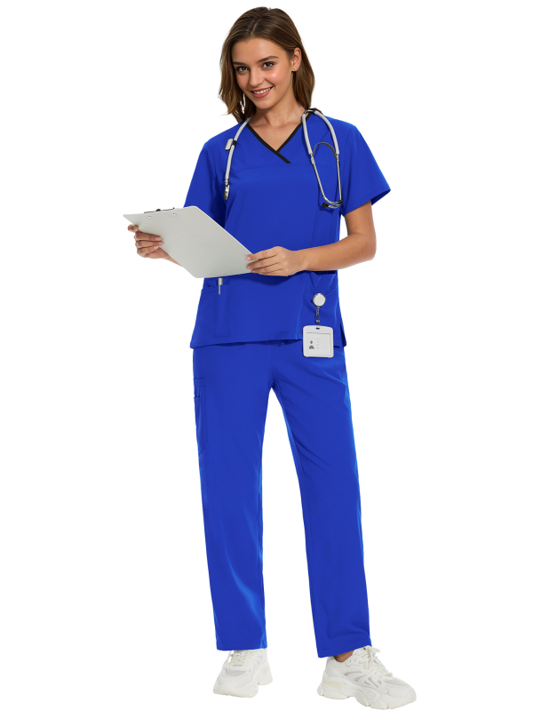 Σετ ιατρικού ρουχισμού – τοπ με κοντό μανίκι και παντελόνια, ύφασμα πολυεστερ-ελαστάν που απομακρύνει την υγρασία, ντεκολτέ σε σχήμα V, unisex