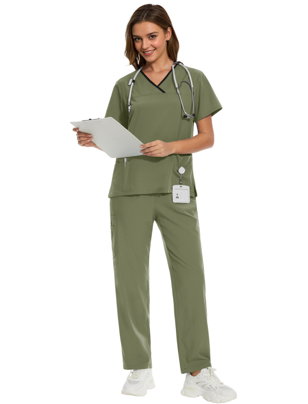 Σετ ιατρικού ρουχισμού – τοπ με κοντό μανίκι και παντελόνια, ύφασμα πολυεστερ-ελαστάν που απομακρύνει την υγρασία, ντεκολτέ σε σχήμα V, unisex