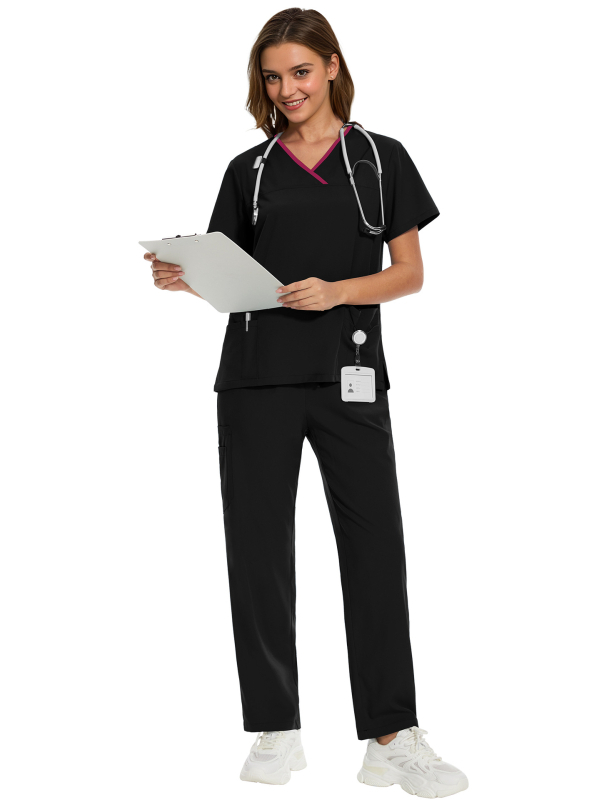 Σετ ιατρικού ρουχισμού – τοπ με κοντό μανίκι και παντελόνια, ύφασμα πολυεστερ-ελαστάν που απομακρύνει την υγρασία, ντεκολτέ σε σχήμα V, unisex