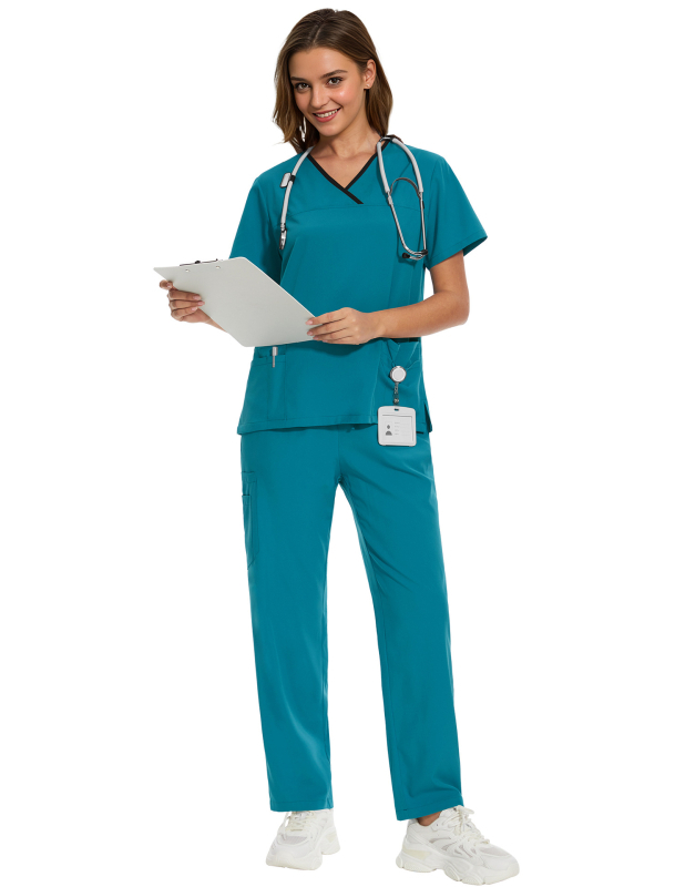 Σετ ιατρικού ρουχισμού – τοπ με κοντό μανίκι και παντελόνια, ύφασμα πολυεστερ-ελαστάν που απομακρύνει την υγρασία, ντεκολτέ σε σχήμα V, unisex
