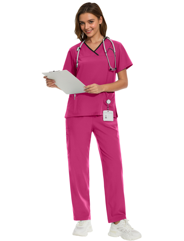 Σετ ιατρικού ρουχισμού – τοπ με κοντό μανίκι και παντελόνια, ύφασμα πολυεστερ-ελαστάν που απομακρύνει την υγρασία, ντεκολτέ σε σχήμα V, unisex