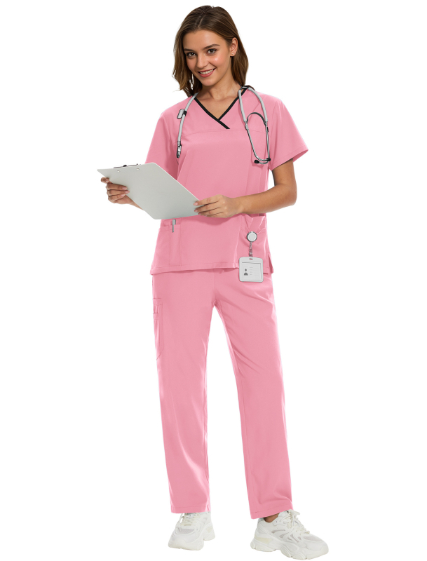 Σετ ιατρικού ρουχισμού – τοπ με κοντό μανίκι και παντελόνια, ύφασμα πολυεστερ-ελαστάν που απομακρύνει την υγρασία, ντεκολτέ σε σχήμα V, unisex