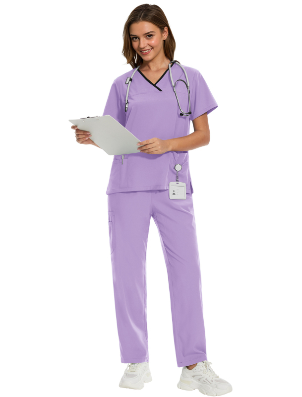 Σετ ιατρικού ρουχισμού – τοπ με κοντό μανίκι και παντελόνια, ύφασμα πολυεστερ-ελαστάν που απομακρύνει την υγρασία, ντεκολτέ σε σχήμα V, unisex