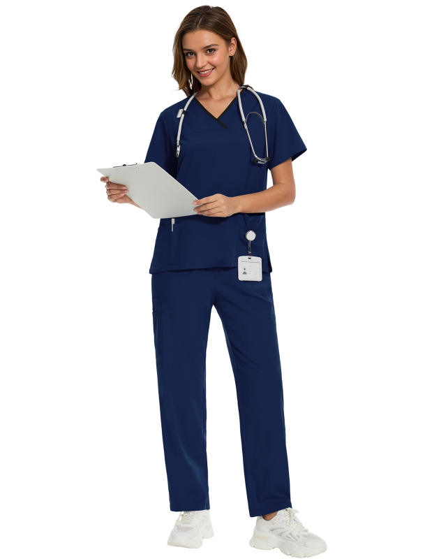 Σετ ιατρικού ρουχισμού – τοπ με κοντό μανίκι και παντελόνια, ύφασμα πολυεστερ-ελαστάν που απομακρύνει την υγρασία, ντεκολτέ σε σχήμα V, unisex