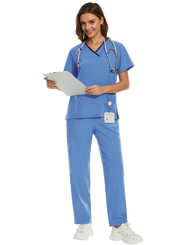 Σετ ιατρικού ρουχισμού – τοπ με κοντό μανίκι και παντελόνια, ύφασμα πολυεστερ-ελαστάν που απομακρύνει την υγρασία, ντεκολτέ σε σχήμα V, unisex