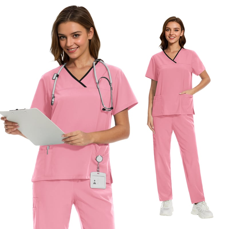 Σετ ιατρικού ρουχισμού – τοπ με κοντό μανίκι και παντελόνια, ύφασμα πολυεστερ-ελαστάν που απομακρύνει την υγρασία, ντεκολτέ σε σχήμα V, unisex