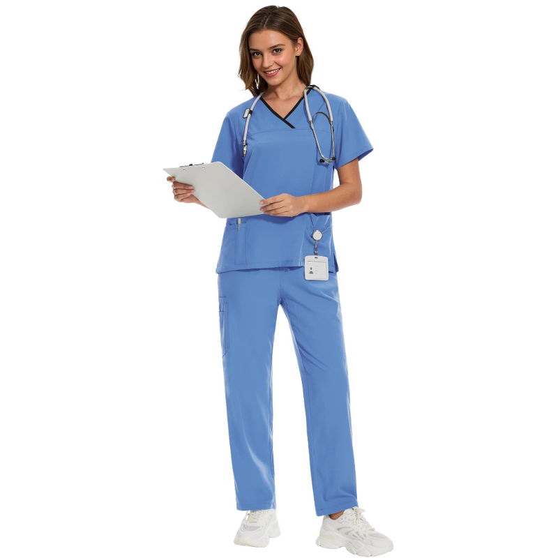 Σετ ιατρικού ρουχισμού – τοπ με κοντό μανίκι και παντελόνια, ύφασμα πολυεστερ-ελαστάν που απομακρύνει την υγρασία, ντεκολτέ σε σχήμα V, unisex