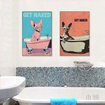 Κορνιζαρισμένο έργο τέχνης από καμβά για μπάνιο – αδιάβροχη τοιχογραφία με γάτα σε καρτούν στυλ, πλαίσιο από κράμα αλουμινίου