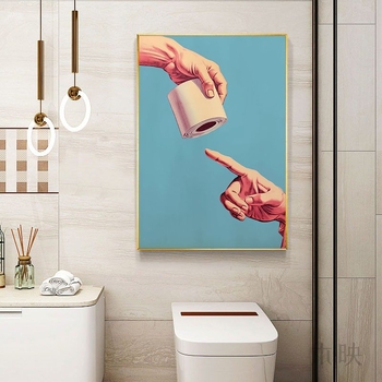 Κορνιζαρισμένο έργο τέχνης από καμβά για μπάνιο – αδιάβροχη τοιχογραφία με γάτα σε καρτούν στυλ, πλαίσιο από κράμα αλουμινίου