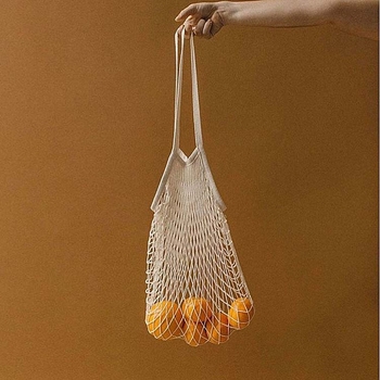 Τσάντα από βιολογικό βαμβάκι με διχτυωτό ύφασμα για φρούτα και λαχανικά, μακριά λαβή, φιλική προς το περιβάλλον, προσαρμοσμένη με εκτύπωση λογότυπου μεταξοτυπίας.