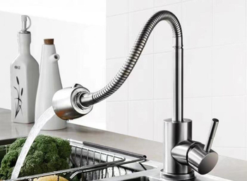 Kuchynský stenový miešací kohút na drezu, nerezová oceľ, brúsený povrch, keramické jadro ventilu, Skoni model 01