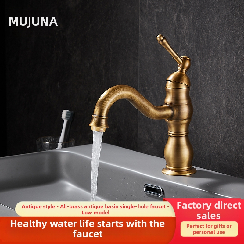 Βρύση νιπτήρα από χαλκό σε στυλ αντίκα με κεραμικό έμβολο, διπλή λαβή, ζεστό και κρύο, επίχρισμα σμάλτου.