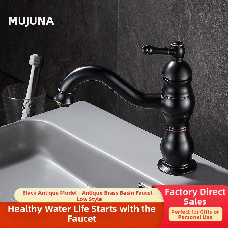 Βρύση νιπτήρα από χαλκό σε στυλ αντίκα με κεραμικό έμβολο, διπλή λαβή, ζεστό και κρύο, επίχρισμα σμάλτου.