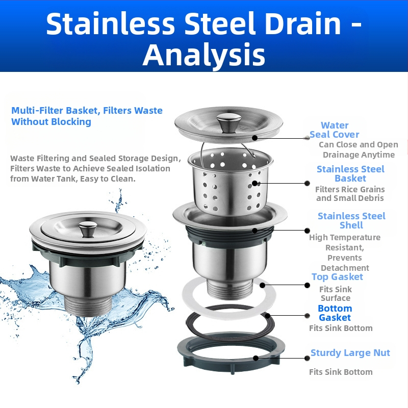 Кухненски сифон за еднокорпусна мивка с удължен дренаж и маркуч против миризми (Еднокорпусен; Удължен дренаж; Маркуч против миризми)