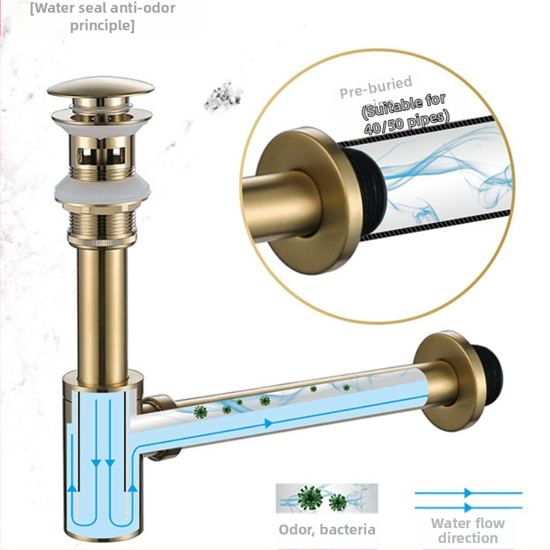 Стенно монтиран меден дренаж за мивка с воден упор и защита от миризми (Материал: мед; Модел: Water drain; Стил: Light Luxury)