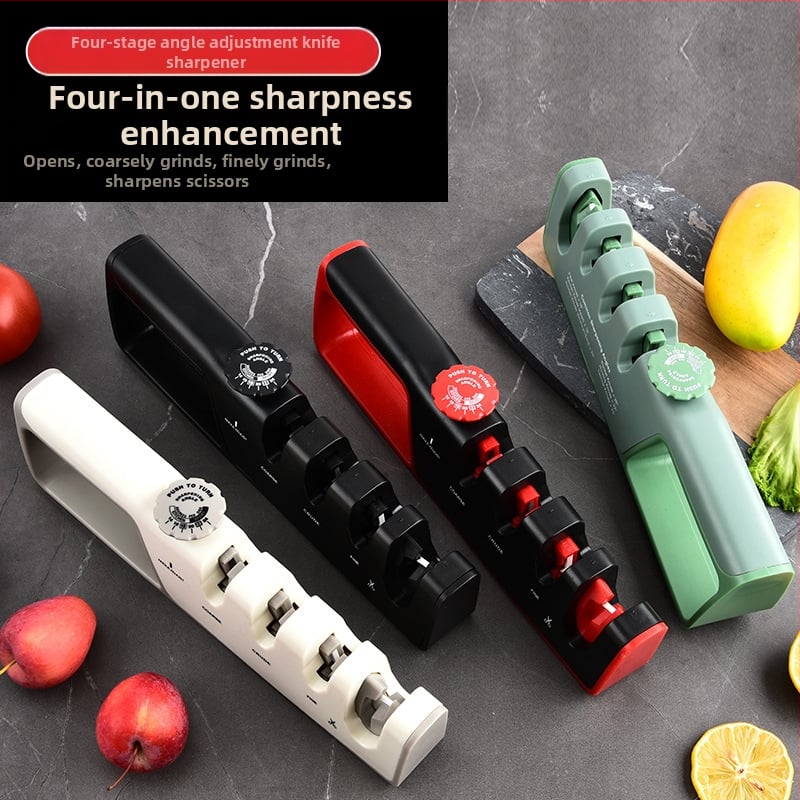 4-in-1 reguliuojamas peilių šlifuoklis namų virtuvei, daugiamaterialinis šlifavimo akmuo: ABS, volframo plienas, deimantas, keramika, guma