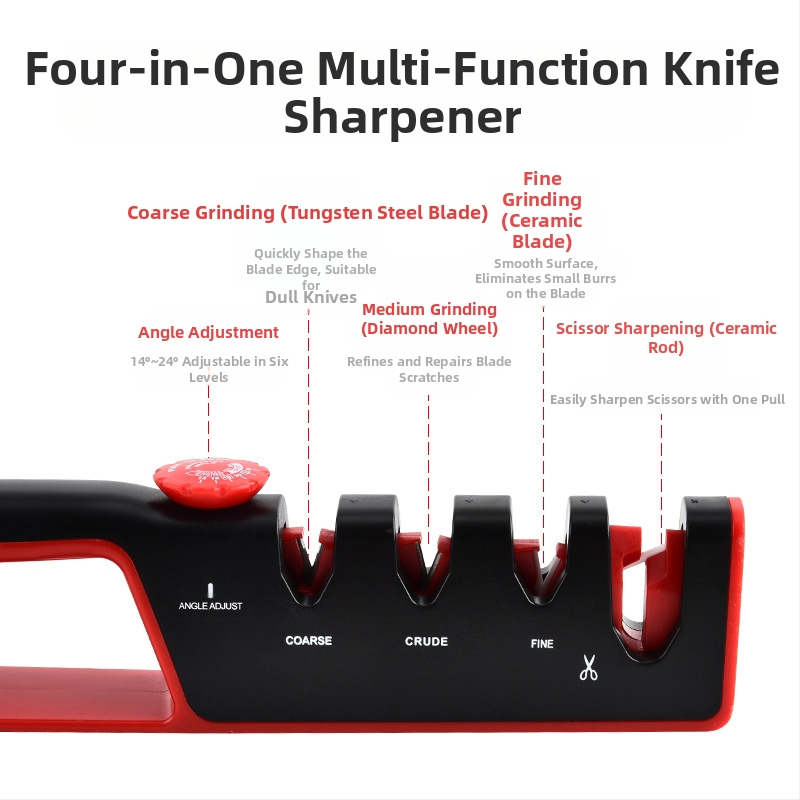 4-в-1 регулируем заточвач за ножове за домашна кухня, мултиматериален камък: ABS, волфрамова стомана, диамант, керамика, гума