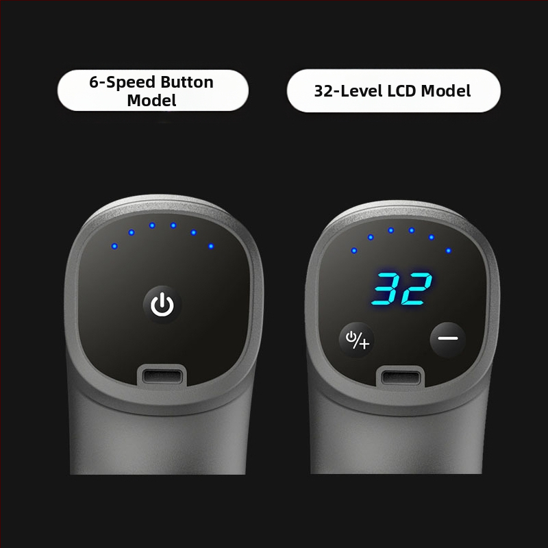 Mini fasciálny masážny prístroj s kefovým motorom; 4 hlavice; vstavaná batéria 1200–2000 mAh; LCD displej s 5+ rýchlosťami; veľmi tichý (<36 dB)