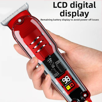 Професионална подстригваща машинка за салон — неръждаема стоманена режеща глава (премахваща се и миеща се), двупосочно захранване; brushed мотор; вградена батерия 800–1000 mAh; нисък шум 36–45 dB