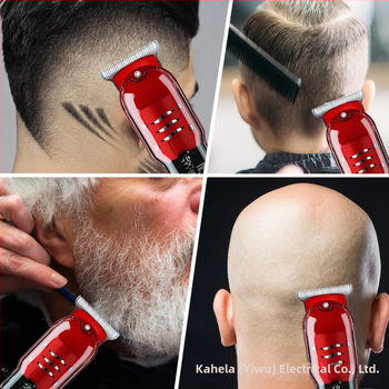 Професионална подстригваща машинка за салон — неръждаема стоманена режеща глава (премахваща се и миеща се), двупосочно захранване; brushed мотор; вградена батерия 800–1000 mAh; нисък шум 36–45 dB