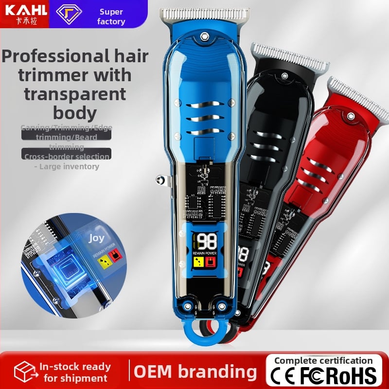 Profesionalus plaukų kirpimo klijperis salonui — nerūdijančio plieno peilis, nuimamas ir plaunamas; dvigubas maitinimo režimas (įkrovimas/maitinimas iš tinklo); šepetinis variklis; įmontuota 800–1000 mAh baterija; žemas triukšmas 36–45 dB