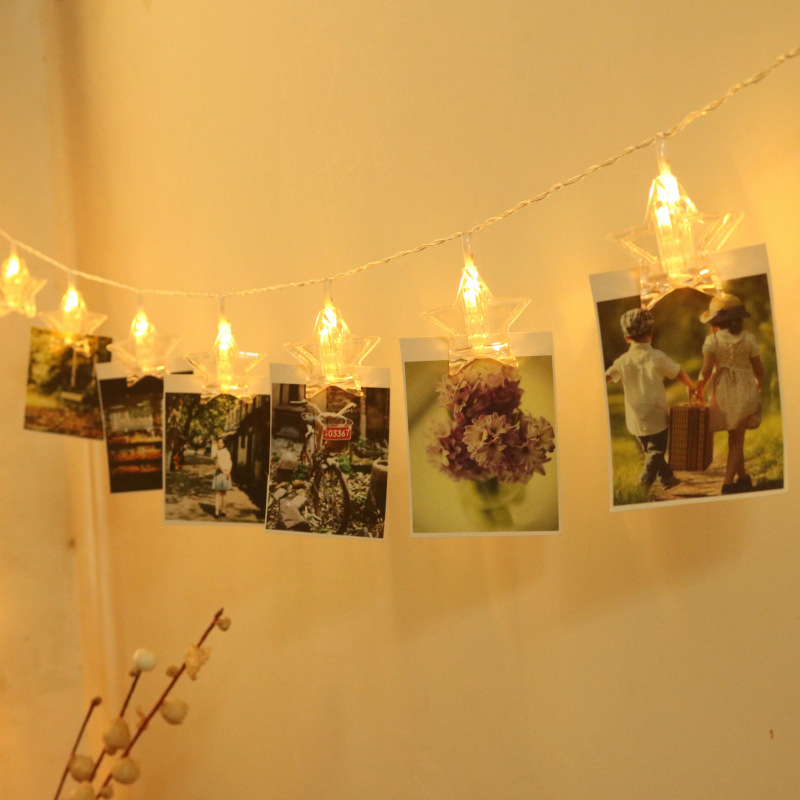 Svjetleći niz s klipovima za fotografije – 10 LED, IP44, 3000K, dimmabilan, načini napajanja: baterija/USB/izvor napajanja