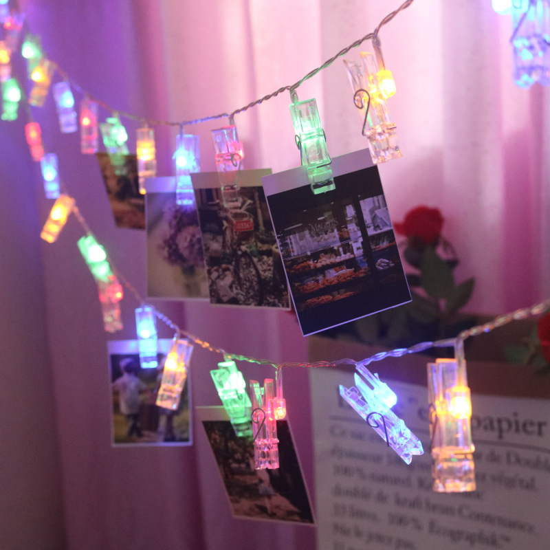 Svjetleći niz s klipovima za fotografije – 10 LED, IP44, 3000K, dimmabilan, načini napajanja: baterija/USB/izvor napajanja