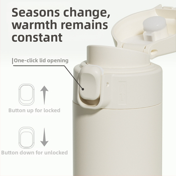 Θερμός κύπελλο με καπάκι ανάκλισης; εσωτερικό 304 ανοξείδωτο ατσάλι; εξωτερικό 201 ανοξείδωτο ατσάλι; μόνωση 6–12 ώρες; δυνατότητα προσαρμογής με λέιζερ ή μεταξοτυπία