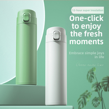 Θερμός κύπελλο με καπάκι ανάκλισης; εσωτερικό 304 ανοξείδωτο ατσάλι; εξωτερικό 201 ανοξείδωτο ατσάλι; μόνωση 6–12 ώρες; δυνατότητα προσαρμογής με λέιζερ ή μεταξοτυπία