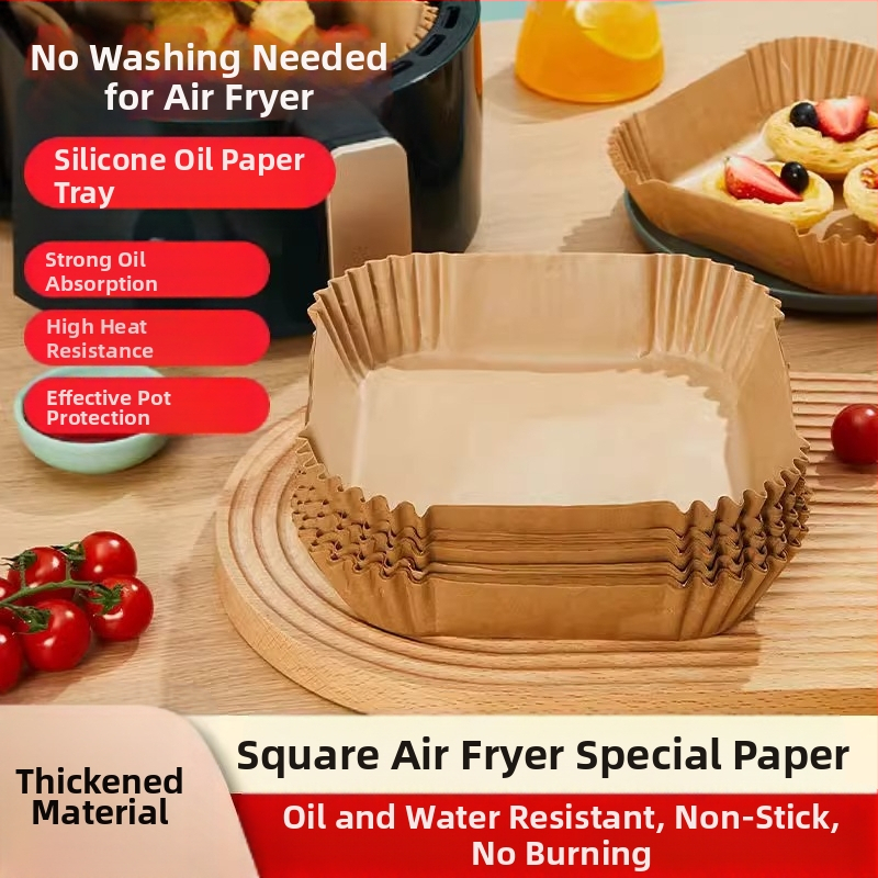 Maisto klasės kvadratinė popierinė plokštelė oro fritezei – dvigubo paviršiaus silikono popierius, aliejų sugeriantis, atsparus aukštoms temperatūroms