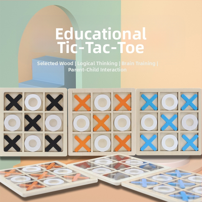 Koka XO spēles galds ar deviņiem laukumiem — vecāku un bērnu loģiskā spēle bērniem (4–14 gadi), intelektuālā attīstība, roku un acs koordinācija