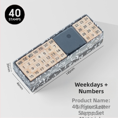 Дървен комплект печати за DIY дневник – 40 броя, 8 дизайна, печати за букви и цифри
