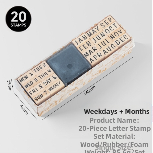 Дървен комплект печати за DIY дневник – 40 броя, 8 дизайна, печати за букви и цифри