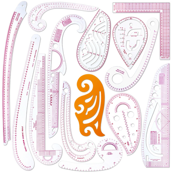 Комплект чертожни линейки за облекло с вградена скала, пластмасов корпус, L-образна правоъгълна плоча и криви за моделиране