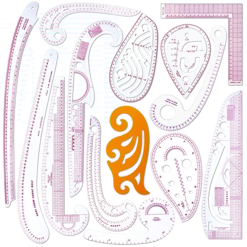 Комплект чертожни линейки за облекло с вградена скала, пластмасов корпус, L-образна правоъгълна плоча и криви за моделиране