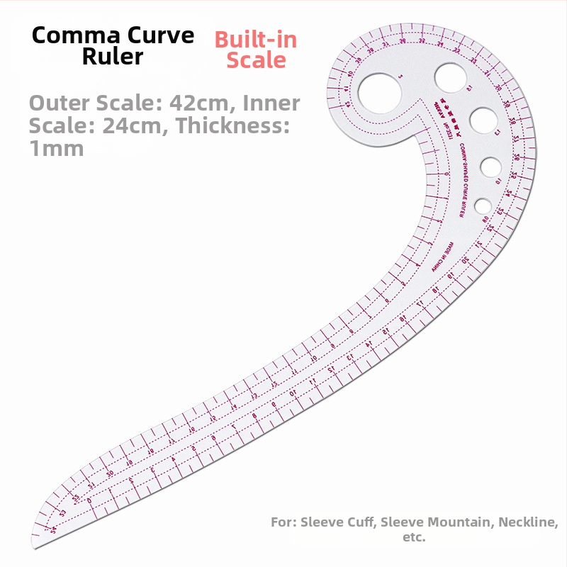Комплект чертожни линейки за облекло с вградена скала, пластмасов корпус, L-образна правоъгълна плоча и криви за моделиране