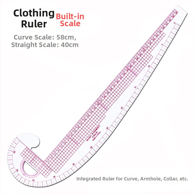 Комплект чертожни линейки за облекло с вградена скала, пластмасов корпус, L-образна правоъгълна плоча и криви за моделиране