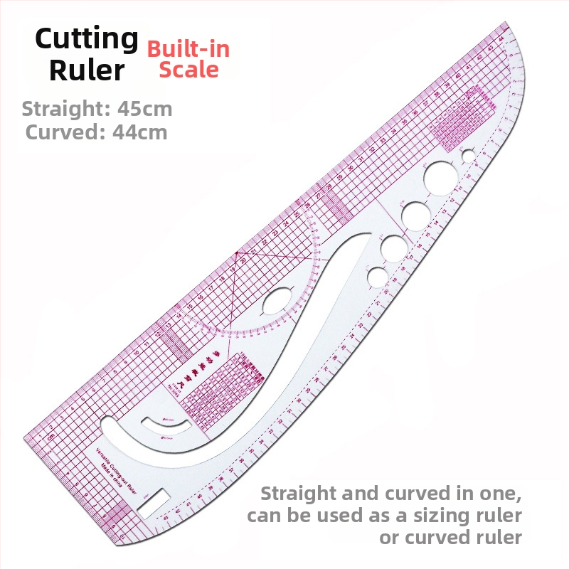 Комплект чертожни линейки за облекло с вградена скала, пластмасов корпус, L-образна правоъгълна плоча и криви за моделиране