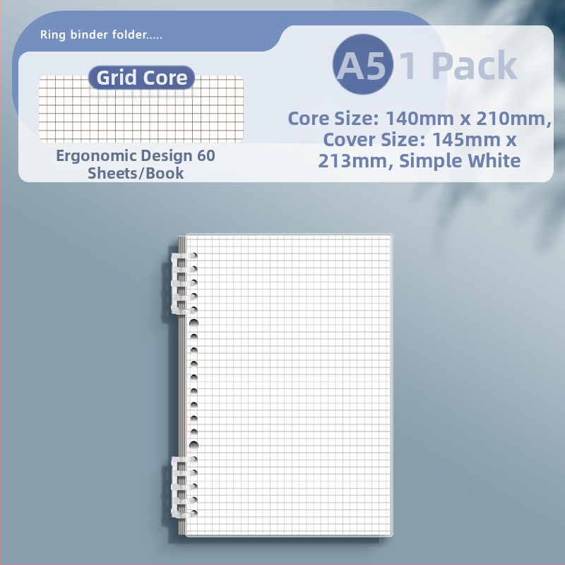 Caurspīdīgs piezīmju grāmatiņa ar noņemamu iekšējo bloku un kvadrātveida lapām, ideāli piemērots vidusskolas skolēniem