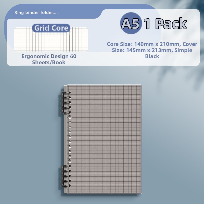 Caurspīdīgs piezīmju grāmatiņa ar noņemamu iekšējo bloku un kvadrātveida lapām, ideāli piemērots vidusskolas skolēniem