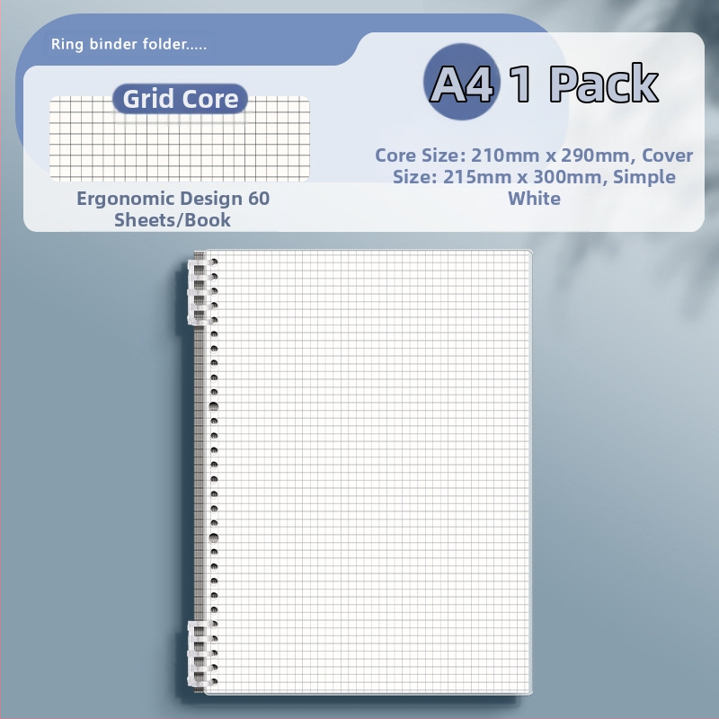 Caurspīdīgs piezīmju grāmatiņa ar noņemamu iekšējo bloku un kvadrātveida lapām, ideāli piemērots vidusskolas skolēniem