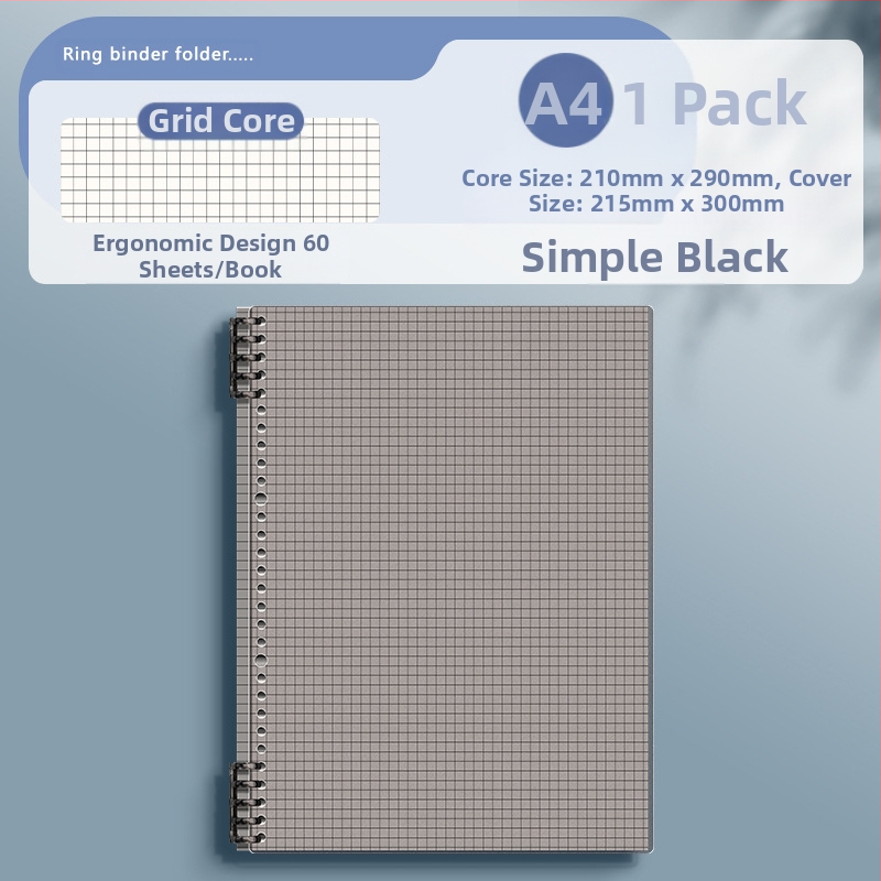 Caurspīdīgs piezīmju grāmatiņa ar noņemamu iekšējo bloku un kvadrātveida lapām, ideāli piemērots vidusskolas skolēniem