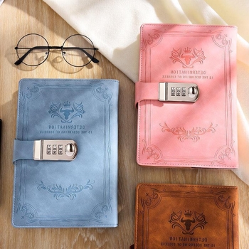 Σετ πέντε τετραδίων με κλειδαριά κωδικού, PU κάλυμμα, ραφή με νήμα, νοσταλγικό ρετρό στυλ