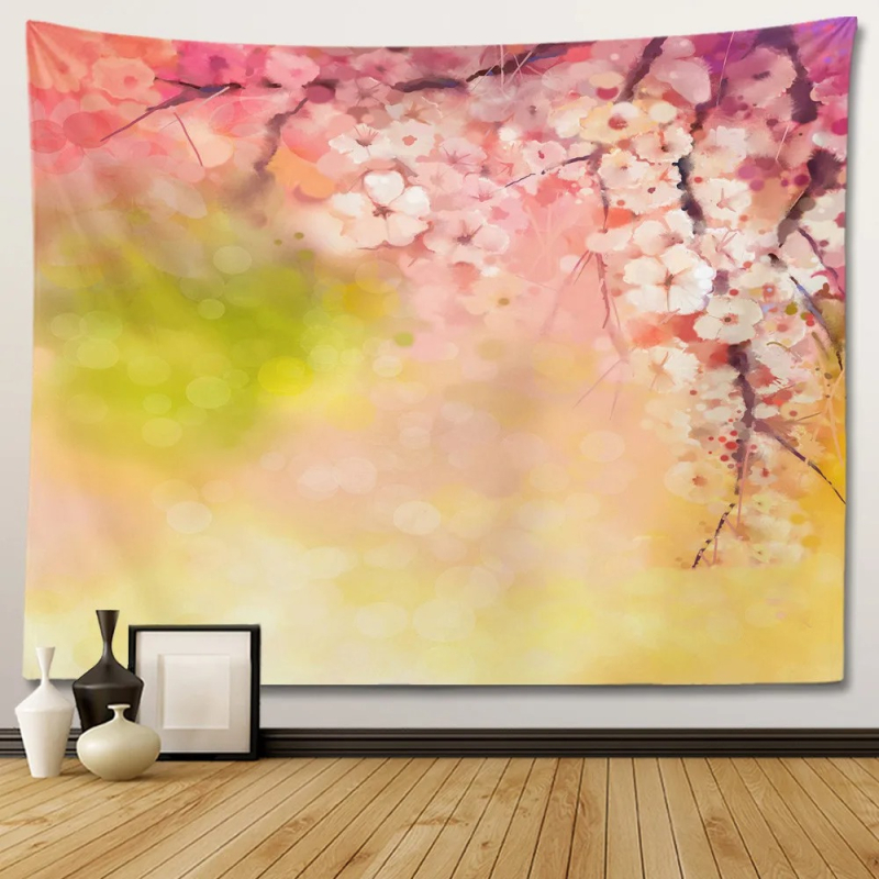 Sienos gobelenas su gėlių psichodeliniu bohemišku dizainu; 100% poliesteris, Nordic stilius, peizažo motyvas, pritaikomas; tinka svetainei, miegamajam, studijai, restoranui, vaikų kambariui