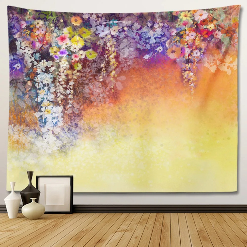 Sienos gobelenas su gėlių psichodeliniu bohemišku dizainu; 100% poliesteris, Nordic stilius, peizažo motyvas, pritaikomas; tinka svetainei, miegamajam, studijai, restoranui, vaikų kambariui