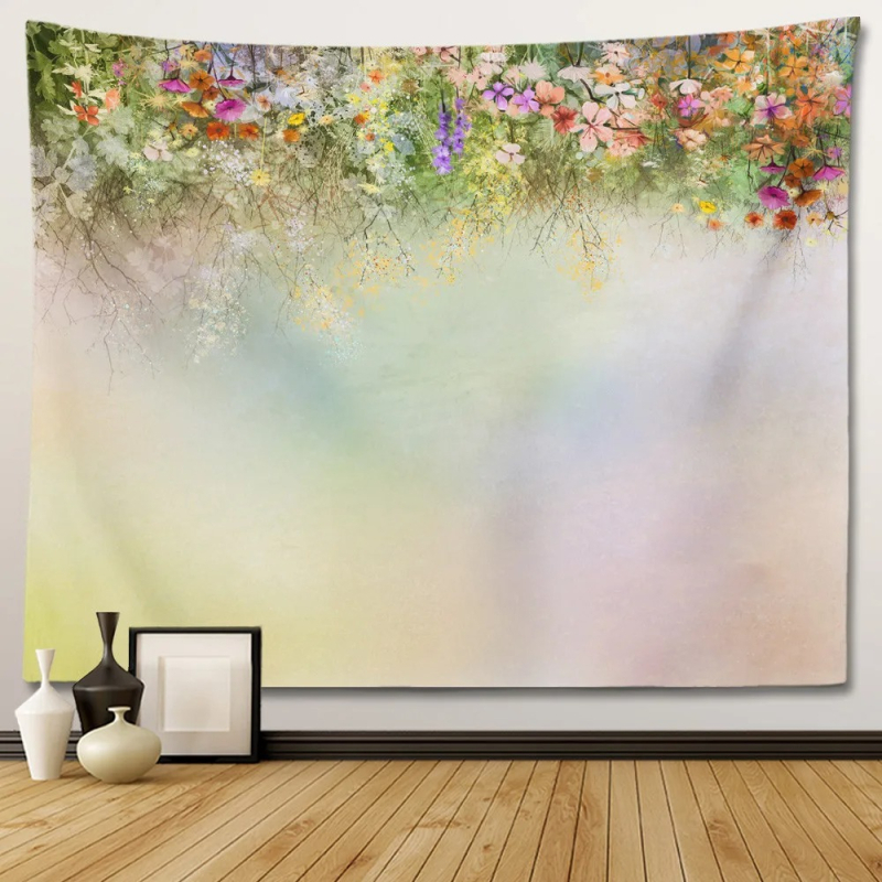 Sienos gobelenas su gėlių psichodeliniu bohemišku dizainu; 100% poliesteris, Nordic stilius, peizažo motyvas, pritaikomas; tinka svetainei, miegamajam, studijai, restoranui, vaikų kambariui
