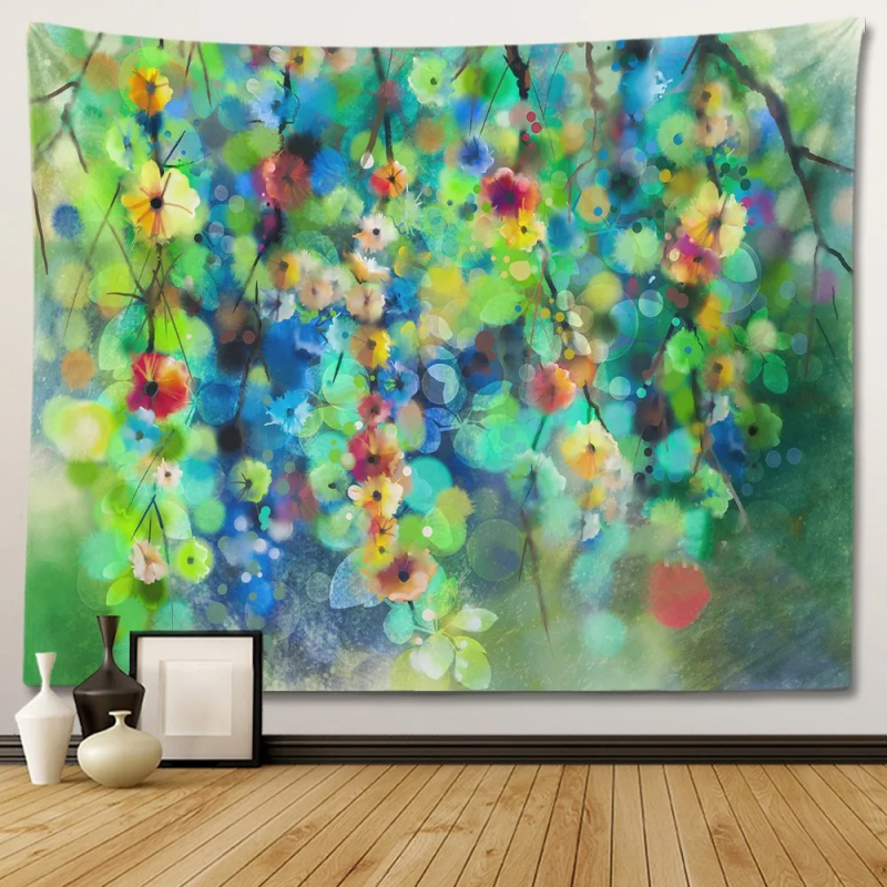 Sienos gobelenas su gėlių psichodeliniu bohemišku dizainu; 100% poliesteris, Nordic stilius, peizažo motyvas, pritaikomas; tinka svetainei, miegamajam, studijai, restoranui, vaikų kambariui