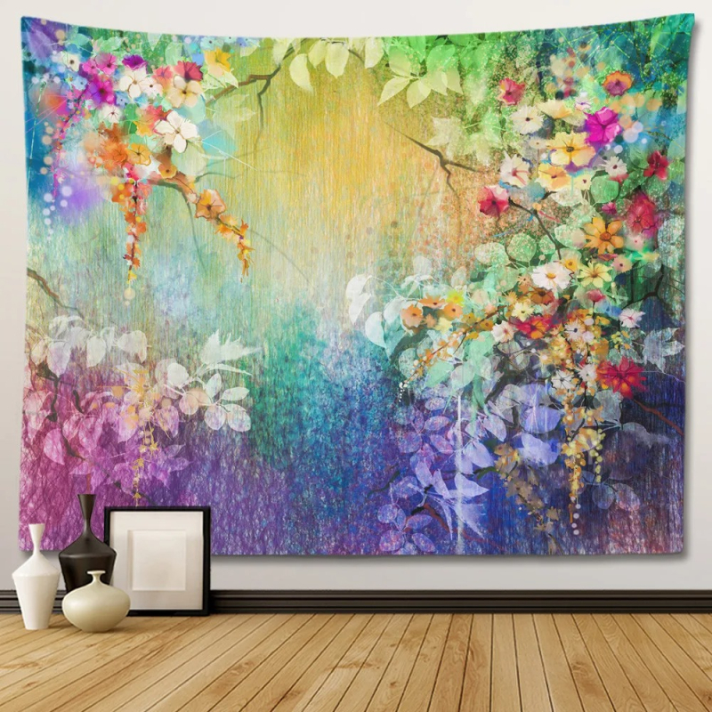Sienos gobelenas su gėlių psichodeliniu bohemišku dizainu; 100% poliesteris, Nordic stilius, peizažo motyvas, pritaikomas; tinka svetainei, miegamajam, studijai, restoranui, vaikų kambariui