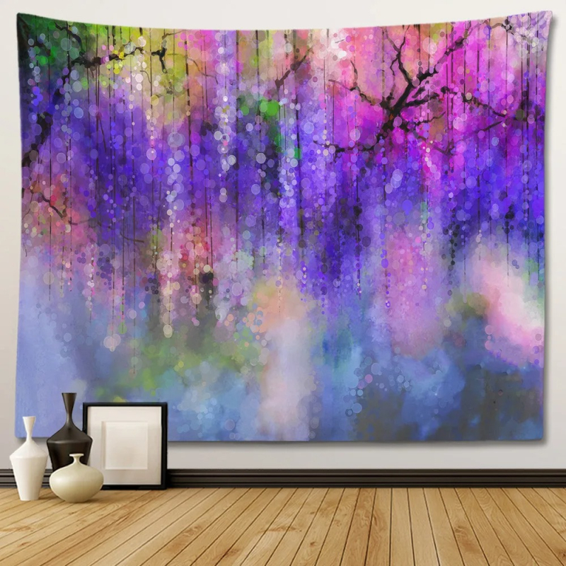 Sienos gobelenas su gėlių psichodeliniu bohemišku dizainu; 100% poliesteris, Nordic stilius, peizažo motyvas, pritaikomas; tinka svetainei, miegamajam, studijai, restoranui, vaikų kambariui