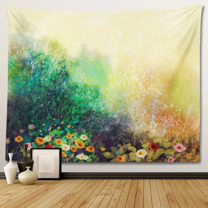 Sienos gobelenas su gėlių psichodeliniu bohemišku dizainu; 100% poliesteris, Nordic stilius, peizažo motyvas, pritaikomas; tinka svetainei, miegamajam, studijai, restoranui, vaikų kambariui